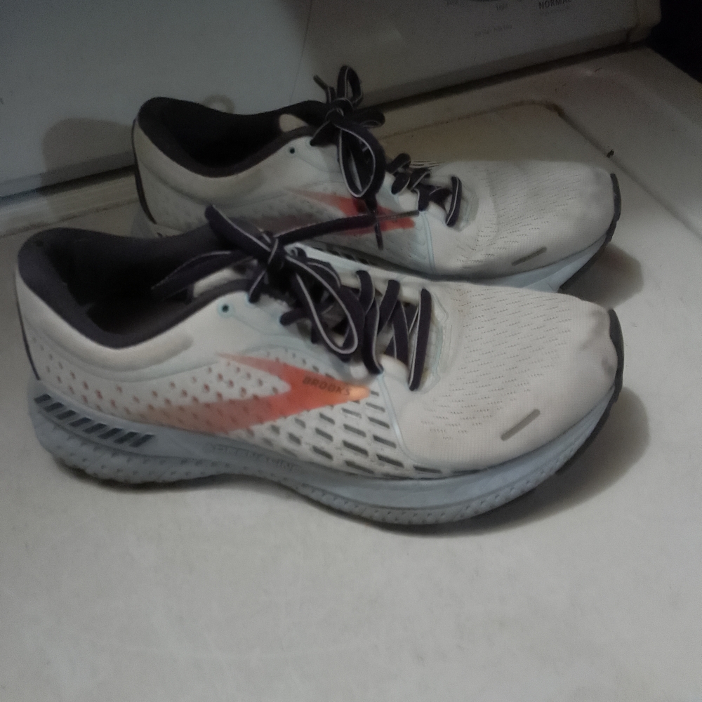 Brooks White and Gray Running Shoes with Orange Accents